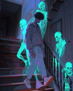 a person walking down some stairs with neon lights