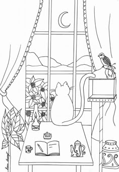 a black and white drawing of a cat sitting at a desk with a book in front of it