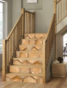 a wooden stair case in a home with hardwood floors and walls, along with a basket on the floor