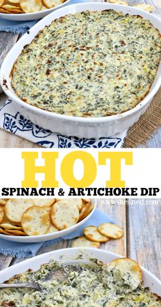 spinach and artichoke dip in a casserole dish with crackers