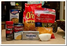 an assortment of food items sitting on top of a counter