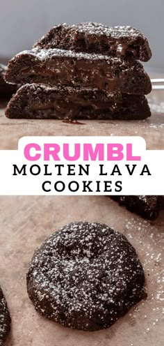 chocolate crumbl molten lava cookies are stacked on top of each other