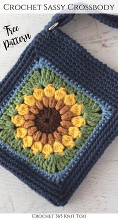 a crochet granny bag with a sunflower on the front and bottom part