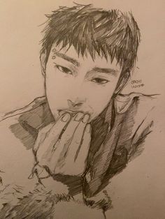 a pencil drawing of a young man with his hand on his mouth and looking at the camera