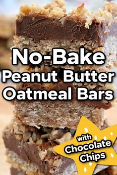 no - bake peanut butter oatmeal bars stacked on top of each other