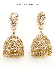 18 Karat Gold Diamond Jhumkas - Diamond Dangle Earrings 
  Note: Only front side has Diamonds as shown in the picture, the back part of the Jhumka which is not visible from the front is only Gold without Diamonds - 235-DER1675 - in 40.900 Grams for USD $6989.79. 
Made in India by Totaram Jewelers Online this product is in Gold - 18 Karat Gold  & is an excellent gift for Adult - Women. Ships fully insured with secured guaranteed delivery for free with your order over $250 from New Jersey USA Diamond Jhumkas, Indian Diamond Jewellery, Diamond Earrings For Women, Diamond Jewelry Earrings, Diamond Earrings Design, Diamond Dangle Earrings, Indian Wedding Jewelry, Gold Jewelry Indian, Gold Rush