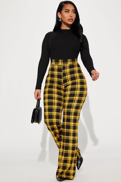 Available In Yellow/combo. High Rise Crepe Knit Plaid Print Stretch High Waist 35" Inseam Disclaimer: Plaid Placement Will Vary 97% polyester 3% Spandex Imported | Jahia Flare Pants in Yellow size Medium by Fashion Nova Knit Plaid, Styling Hacks, Plaid Jumper, Yellow Jeans, Clothes Pegs, School Fits, Plaid Print, Black Plaid, Bottom Clothes