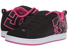 DC Court Graffik W - Women's Skate Shoes : Black/Pink Stencil : A modern classic, the DC Court Graffik W casual shoes deliver with a clean silhouette and bold logo detail. Casual sneakers with heavy-duty suede, sturdy action nubuck, or soft and resilient action leather upper for abrasion-resistance and durability. Foam-padded tongue and collar for added comfort and support. Textile lining offers breathability. Internal elastic tongue holders for added foot stability. Rubber cupsole with iconic p Dc Court Graffik, Dc Sneakers, Dc Skate Shoes, Dc Shoes Women, Women Shoes Black, Stars Fashion, Women Skates, Bold Logo, Sneakers Women