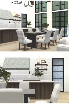 two pictures of the same kitchen and dining room in different rooms, each with white chairs