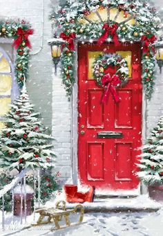 an image of a red door with snow on the ground and christmas decorations around it