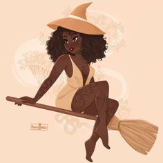 a woman sitting on top of a broom wearing a witches hat and holding a broom