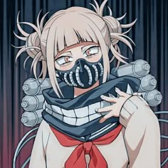 an anime character wearing a gas mask and holding onto a black object in front of her face