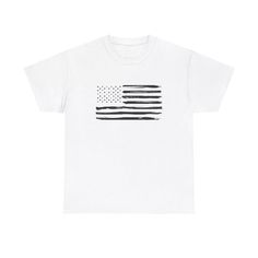 a white t - shirt with an american flag on the chest and black stripes in front