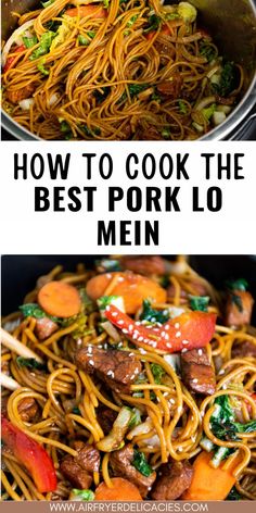 A colorful plate of Pork Lo Mein, featuring succulent pork slices, vibrant vegetables, and steaming noodles, ready to be enjoyed.