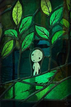 a painting of a little boy sitting in a tree with green leaves on the branches