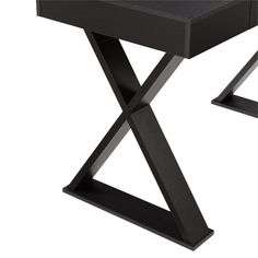 a black wooden table with two legs and a drawer on the top, in front of a white background