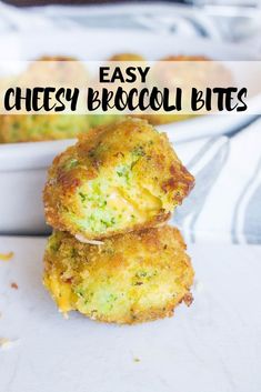 two cheesy broccoli bites stacked on top of each other