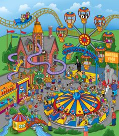 Amusement Park Wall Mural Amusement Park Games, Haunted House Drawing, Ride Drawing, Perspective Drawing Architecture, Murals For Kids, Painting Competition, Carnival Rides, Park Pictures