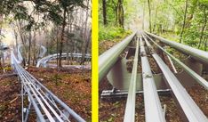 two pictures side by side one shows an empty train track and the other shows trees in the background