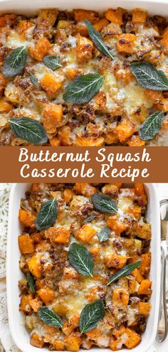 butternut squash casserole recipe in a white dish with sage leaves on top