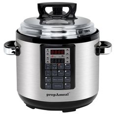 an electric pressure cooker with timers on the front and side panel, in stainless steel