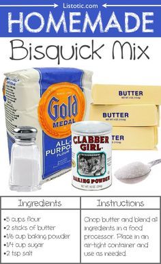 the ingredients for homemade bisquick mix are shown in this graphic above it's description