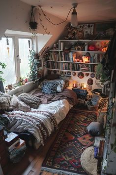 a room with a bed, bookshelf and rugs on the floor in it