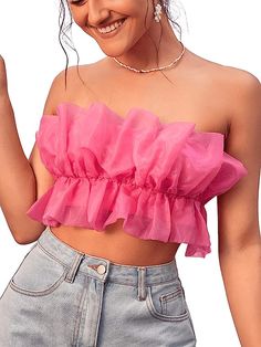 Verdusa Women's Layered Ruffle Trim Strapless Organza Tube Top Crop Blouse Strapless Organza, Strapless Bustier, Blouse Price, Pink Ruffle, Top Crop, Party Tops, Crop Blouse, Ruffle Top, Pink Tops