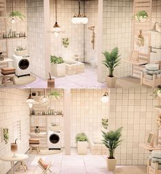 four different views of a room with furniture and plants on the walls, including a washing machine