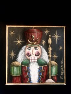 a painting of a nutcracker wearing a red hat