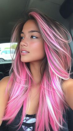 Pink Balayage Highlights, Maroon Blonde Hair, Fun Colored Hair Ideas, Brown Hair With Pink Highlights, Fuschia Hair, Highlight Inspiration, Pink Hair Streaks, Exotic Hair Color, Gorgeous Hair Color