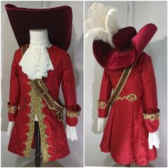 two pictures of a red coat with white feathers on it and one has a feathered hat