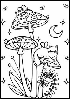 a coloring page with mushrooms and flowers