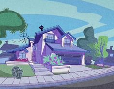 a cartoon house with trees and bushes in the front yard, as well as a trash can