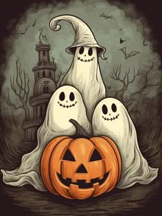 three ghost pumpkins sitting next to each other in front of a castle with two jack - o'- lanterns