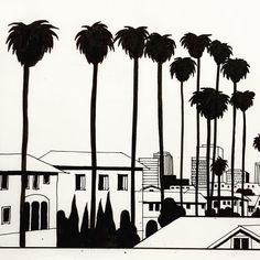 a black and white drawing of palm trees in front of a cityscape with buildings