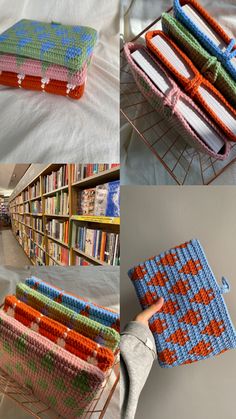 there are many different pictures of books on the shelves and one is made out of knitted material