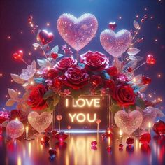 valentine's day card with red roses and heart - shaped balloons in front of an i love you sign