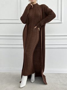 Women Solid Color Long Sleeve Cardigan And Stand Collar Long Sleeve Sweater Dress Casual Set, Autumn/Winter Brown Casual  Long Sleeve,Sleeveless Fabric,Knitwear Plain Skirt Medium Stretch  Women Clothing, size features are:Bust: ,Length: ,Sleeve Length: Plain Skirt, Sweater Dress Casual, Skirt Medium, Long Sleeve Sweater Dress, Casual Sets, Sleeve Cardigan, Long Sleeve Cardigan, Knitwear Women, Sleeve Sweater