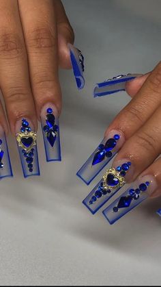 Royal Blue Stiletto Nails, Jeweled Nails Rhinestones, Blue Bling Nails, Gem Placement, Flower Toe Nails, Sparkly Nail Designs, Blue Wedding Nails, Blue Stiletto Nails, Blue Prom Nails