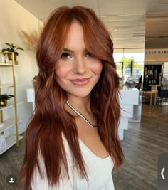 Light Autumn Hair Color, Dimensional Auburn Hair, Red Auburn Hair Color, Spring Red Hair, Spring Red Hair Color, Red Auburn Hair, Auburn Hair Color Ideas, Hair Glaze, Soft Curtain Bangs