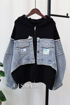 Fisdy - Abrigo clásico de manga larga con capucha y costuras de contraste para uso informal جوني ديب, Long Sleeves Coats, Denim Patchwork, Mode Inspo, Casual Coat, Inspiration Mode, Hooded Sweater, Blue Jean