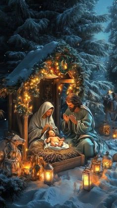 a nativity scene with baby jesus in the manger, surrounded by christmas lights