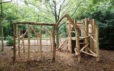 a wooden play set in the middle of a forest