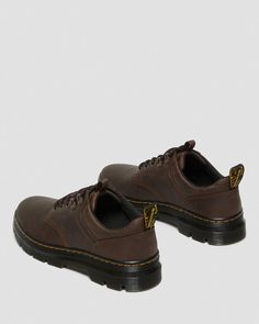 Reeder Crazy Horse Leather Utility Shoes in Dark Brown | Dr. Martens Woodstock Outfit, Swaggy Shoes, Streetwear Boots, Guy Clothing, Utility Shoes, Hiker Style, Visible Stitching, Yellow Heels, Buy List