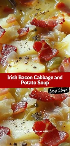 two pictures of bacon cabbage and potato soup