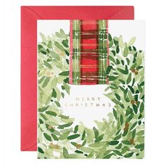 These beautiful cards are perfect to send out to loved ones this holiday season. Features a watercolor illustration printed on luxe paper with gold foil lettering that reads, "Merry Christmas."Set of 6 folded cardsBlank insidePaired with matching envelopesBy E. Frances Paper Set of 6 Wreath Boxes, Söt Katt, Letterpress Cards, Plaid Ribbon, Wreath Watercolor, Ribbon Wreath, Holiday Greeting Cards, Christmas Settings, Watercolor Cards