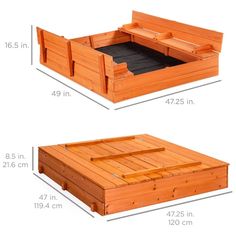 two wooden boxes are shown with measurements for each one and the other side is empty