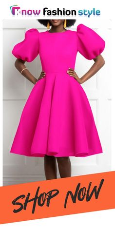 Rose Red Casual Solid Patchwork O Neck A Line Short Sleeve Dress Elegant Vibes, Narrow Waist, Puff Sleeve Dresses, African Dresses For Women, Pink Midi Dress, Midi Dress With Sleeves, Waist Dress, Womens Midi Dresses, Elegant Dress