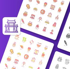 four different kinds of chinese symbols are shown in three separate images, one is purple and the other is yellow